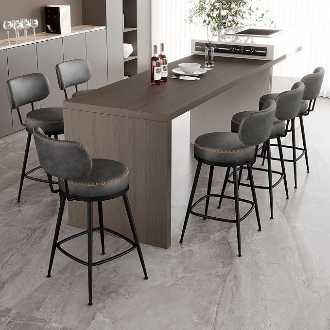 Counter Height Bar Stools, 26" H Swivel Barstools Set of 6, Faux Leather Kitchen Counter Stools with Back and Stylish Stitching, Metal Frame, Pub, Home Bar, Black Grey