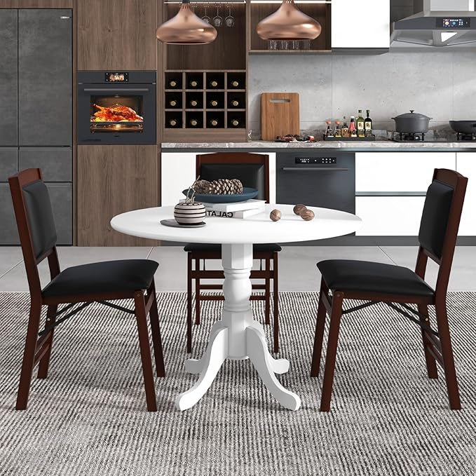 COSTWAY Round Dining Table for 4, 39-inch Wooden Kitchen Table with Solid Rubber Wood Frame, Curved Trestle Legs, Adjustable Foot Pads, Mid Century Rustic Dinning Table for Living Room (White)