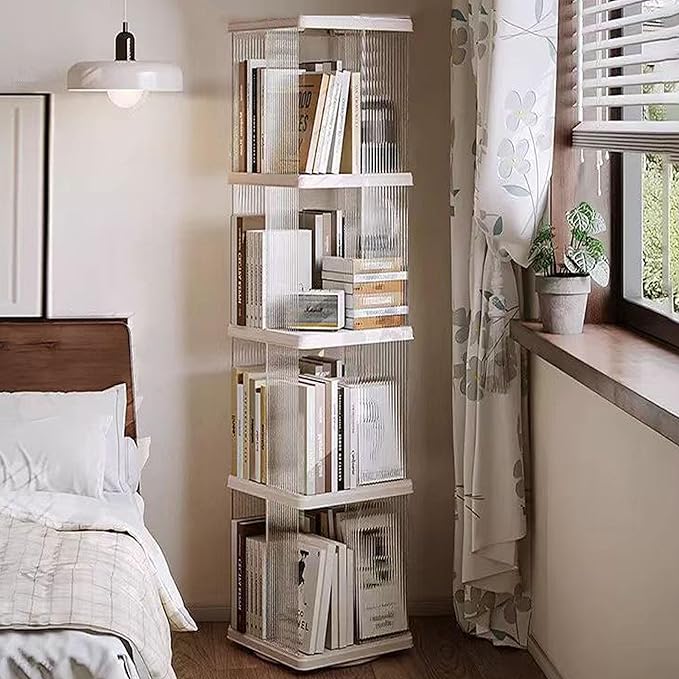 4 Tier Rotating Bookshelf Tower,360 Display Rotating Bookshelf,53.4 inch High Small Space Revolving Bookcase, Home Office Spinning Bookshelf Tower(Rectangular, White)