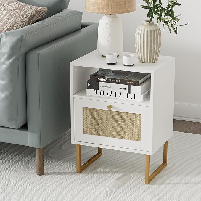 Masupu Rattan Nightstand,Modern Boho Farmhouse Wood Bedside Table with Storage Drawer and Open Shelf,Small Gold Frame Side End Table for Bedroom,Living Room,Office(White)