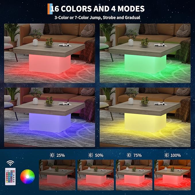 GarveeHome Square Coffee Table with Led Lights, 35 inch Living Room Tables, Modern Coffee Tables with Plug-in 16-Color LED Lights, Cocktail Table for Home Office, Apartment, Reading Room