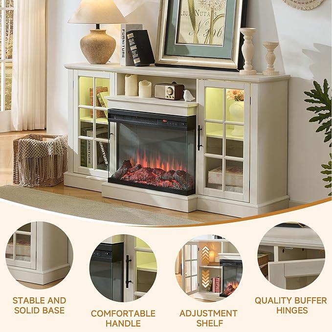 ROCKPOINT 3 Sided Glass 59'' Fireplace TV Stand for TVs up to 65'', Media Entertainment Center with Glass Door Storage Cabinet for Living Room,24” Electric Fireplace & Adjustable LED Light,White