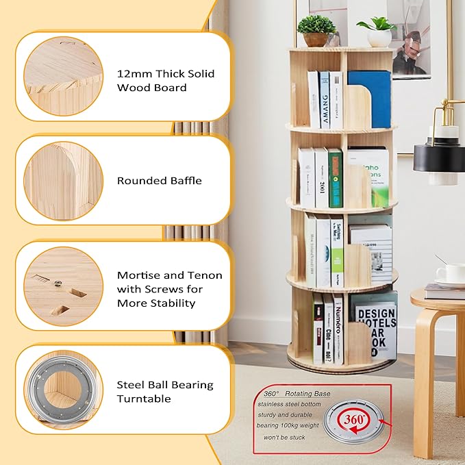 Rotating Bookshelf Kids, 360 Display 4 Tier Spinning Bookshelf Tower Stackable Solid Wood Book Shelf Rotating, Revolving Bookcase Floor Standing Bookcase Storage Display Rack for Kids&Adults, Pine
