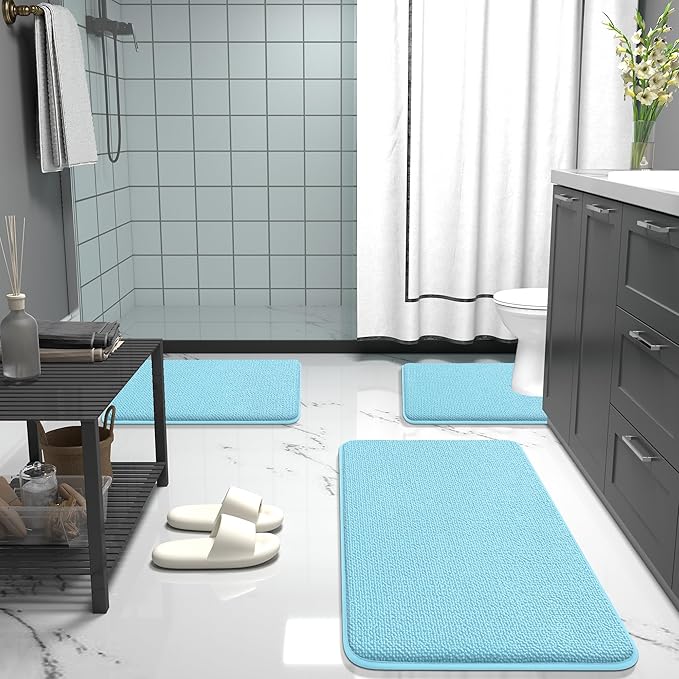 OLANLY Thick Memory Foam Bath Mat Rug 30x20, Extra Soft Absorbent Bathroom Rug, Quick Dry Bath Mats, Non-Slip, Machine Washable Carpet for Bathroom, Tub and Shower, Home Decor Accessories, Sky Blue