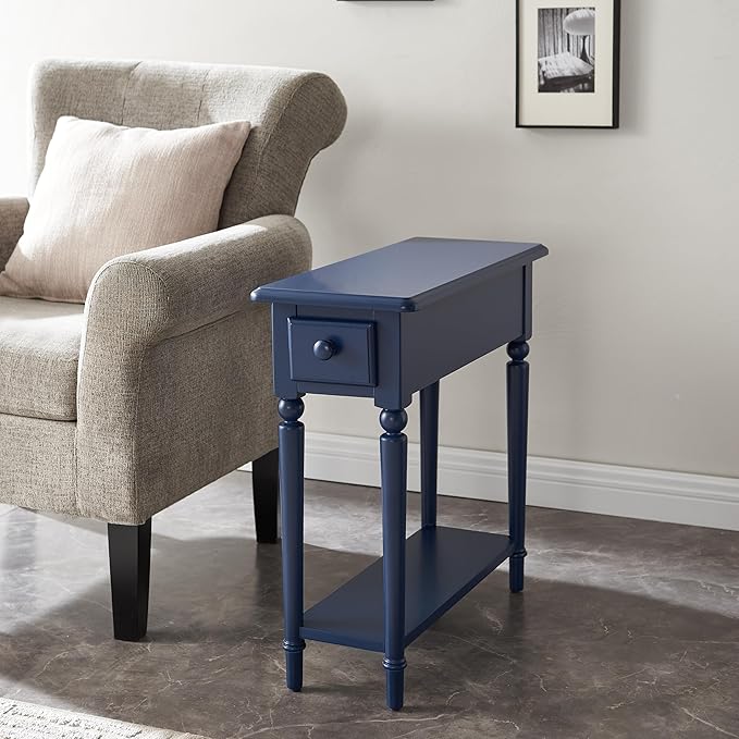Leick Home Coastal End Table, Solid Wood, 1 Drawer, Bottom Display Shelf, Easy-Assembly, for Living Room/Bedroom, Navy, 23.5 in L x 10 in W x 24 in H, 20017-NV