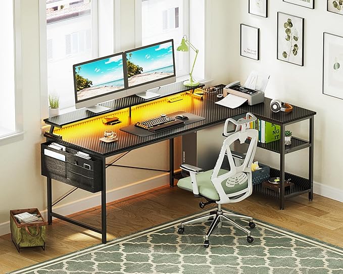 ODK 66 Inch Gaming Desk with USB Charging Ports and LED Lights, Reversible L Shaped Computer Desk with Storage Shelves & Monitor Stand, Corner Gamer Desk Table with Power Outlets, Carbon Fiber Black