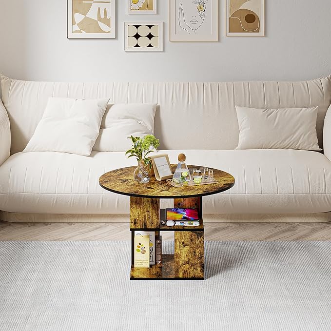 Elephance Round Coffee Table with Storage,3-Tier Coffee Table for Living Room,Wooden Tabletop-Caramel Brown with Black Frame
