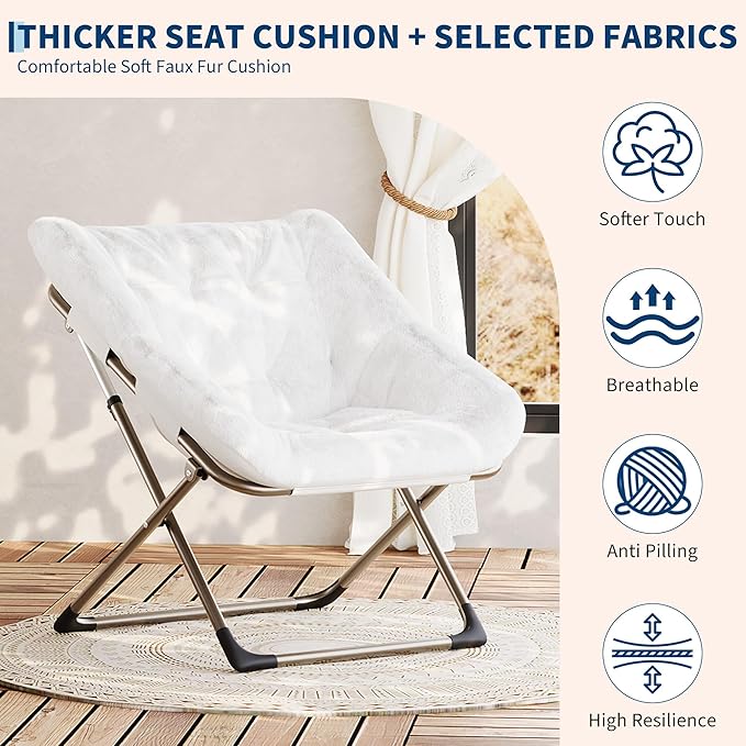 Comfy Chair for Adults, Foldable Living Room Chairs, Soft Faux Fur Folding Lounge for Bedroom Living Room Dorm Rooms, Flexible Reading Chair for Teens (1, White, X-Large)
