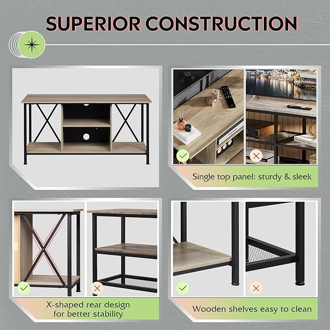WLIVE TV Stand up to 45 Inch TV, 41" Entertainment Center with Open Storage Shelf for Living Room, Greige