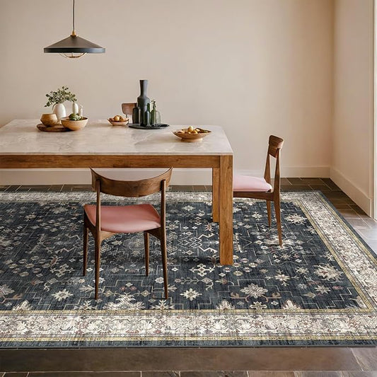 Boho Dining Room Rugs for Under Table - 6x9 Washable Black Area Rug for Living Room, Low Pile Non-Slip Rugs for Bedroom, Office - Charming Farmhouse Decor & Stain Resistance (6x9 Black/Multi)