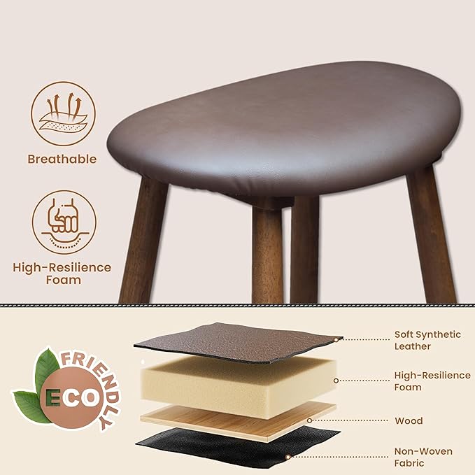 Nora 25" Upholstered Counter Stool, Solid Rubber Wood Frame, Faux Leather Cushion Seat, Comfortable Backless Bar Stool for Kitchen Island & Home Bar Seating