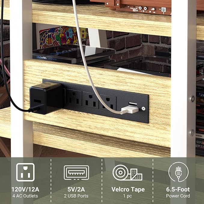 AV Media Stand with Outlets, Media Console with LED Lights, Stereo Racks and Stands with Storage Shelves, Media Audio Tower Cabinet, Natural Oak and White