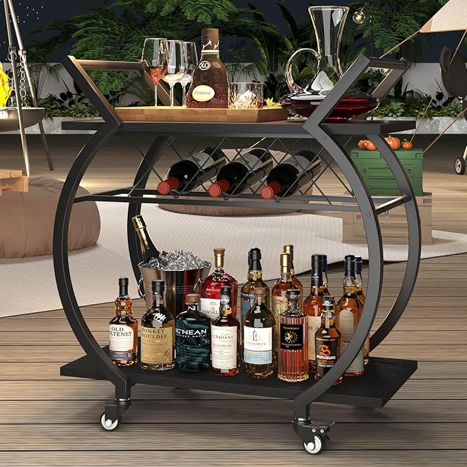 LVB Black Wine Cart with Wheels, Modern Bar Cart with Wine Rack, Industrial Beverage Rolling Kitchen Serving Cart with Storage, Metal Wooden Microwave Drink Liquor Cart for Home Dining Room, Black Oak