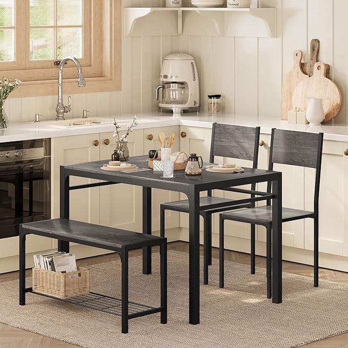 Shahoo Kitchen Table and 2 Chairs for 4 with Bench, 4 Piece Dining Sets for Small Space, Dark Grey