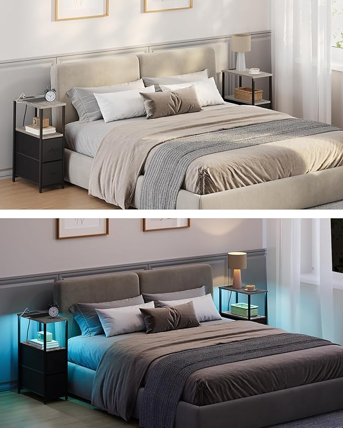 TUTOTAK Small Narrow LED End Table with Charging Station, Side Table Outlets, Nightstand with 2 Cloth Drawers, Set of 2, Couch Table, for Living Room, Bedroom, Bedside, Greige TB01BG056
