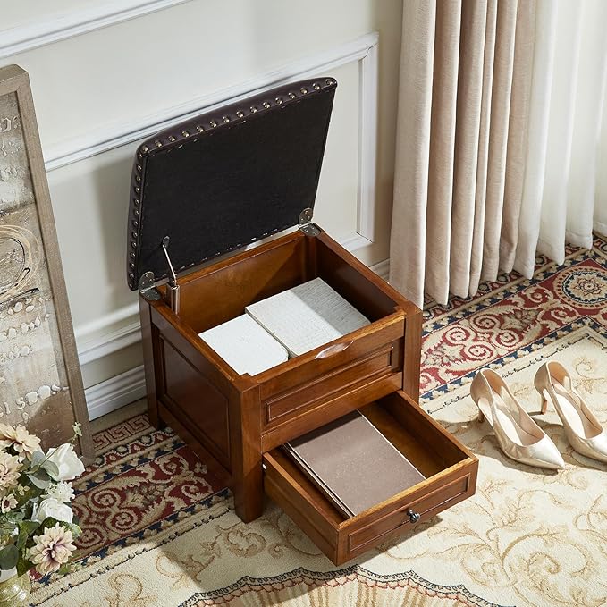 Storage Ottoman with Drawer, Microfiber Leather Padded Top Foot Rest Stool with Nailhead Trim for Bedroom Living Room