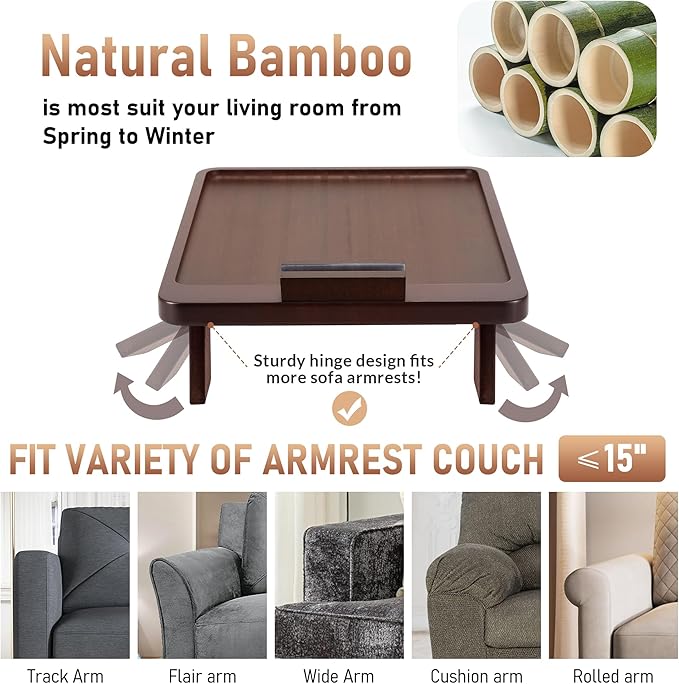 SINWANT Couch Armrest Table, Large Bamboo Couch Arm Table 360° Phone Holder,Foldable Sofa Arm Tray for Eating Drinking Snacks Remote on Chair Armrest