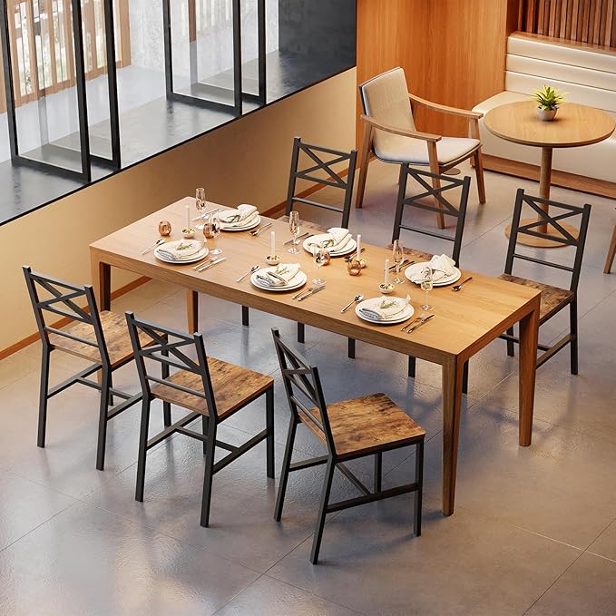 Dining Chair Set of 4, Rustic Wooden Kitchen Chairs with Backrest, Farmhouse Dining Chairs for Kitchen, Industrial Style Chair with Metal Frame, Easy Assembly, Rustic Brown TBHR1001S4