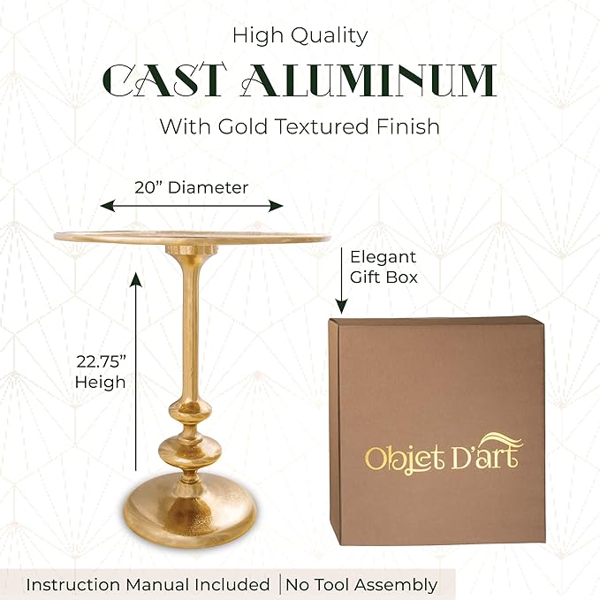 OBJET D'ART Small Round Gold End Table, Rachel, 23" Height, Vintage Metal Accent, Side, Pedestal, Coctail and Drink Tables for Living Room and Small Spaces