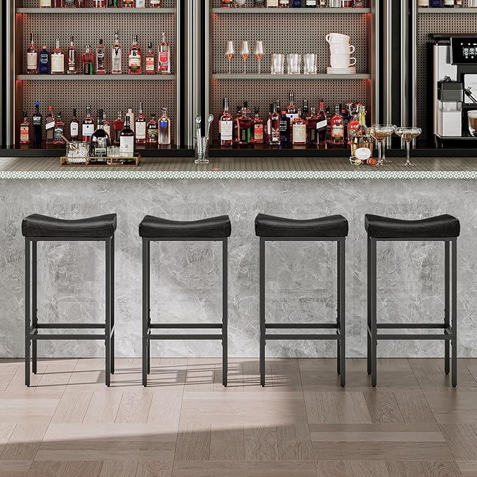 HOOBRO Bar Stools,Set of 4 Bar Chairs, Counter Height Stools, Saddle Barstools, Set of 4 Kitchen Stools, 24.8 Inches Barstools, 2.4" Thick Upholstery, for Kitchen, Dining Room, Black BB10BYP401