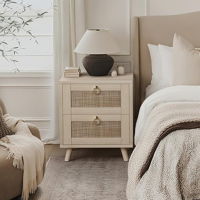 BOLUO Wooden Night Stand with 2 Drawer, Rattan Small Nightstand Boho Bedside Table for Cozy Bedroom