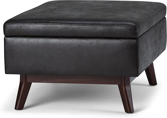 SIMPLIHOME Owen 34 inch Wide Mid Century Modern Rectangle Coffee Table Storage Ottoman in Distressed Black Vegan Faux Leather, Assembled, for the Living Room, Entryway and Family Room