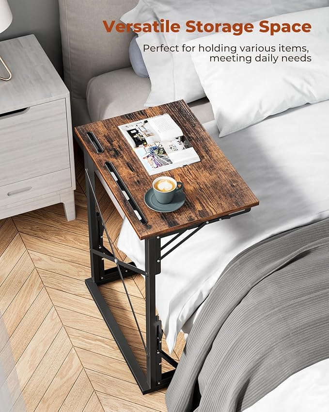21''Wx28''H Folding TV Tray for Eating, Small Foldable C-Shaped Tray Table with Tablet and Phone Slots, Slide Under Couch Side Table for Recliner, Living Room, Bedroom, Rustic Brown