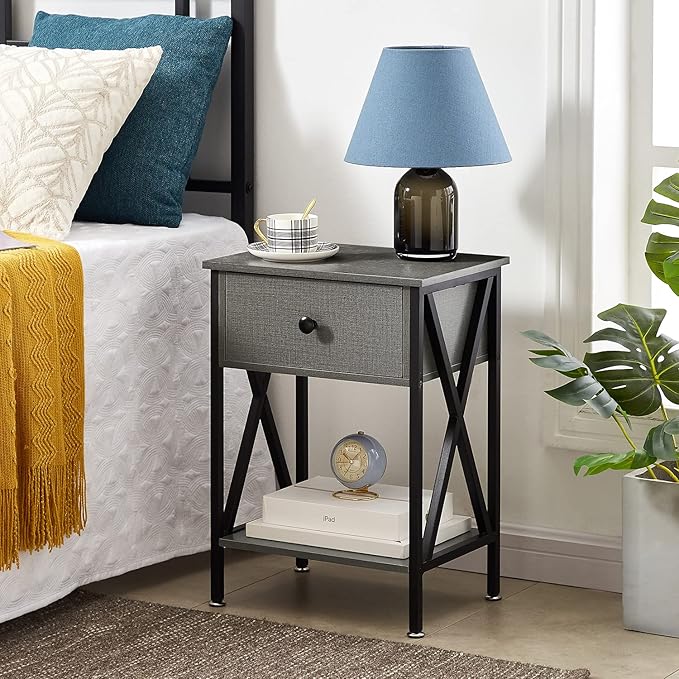 VECELO Nightstands Set of 2, Modern Bedside End Tables, Night Stands with Drawer and Storage Shelf for Living Room Bedroom, Industrial Metal Frame