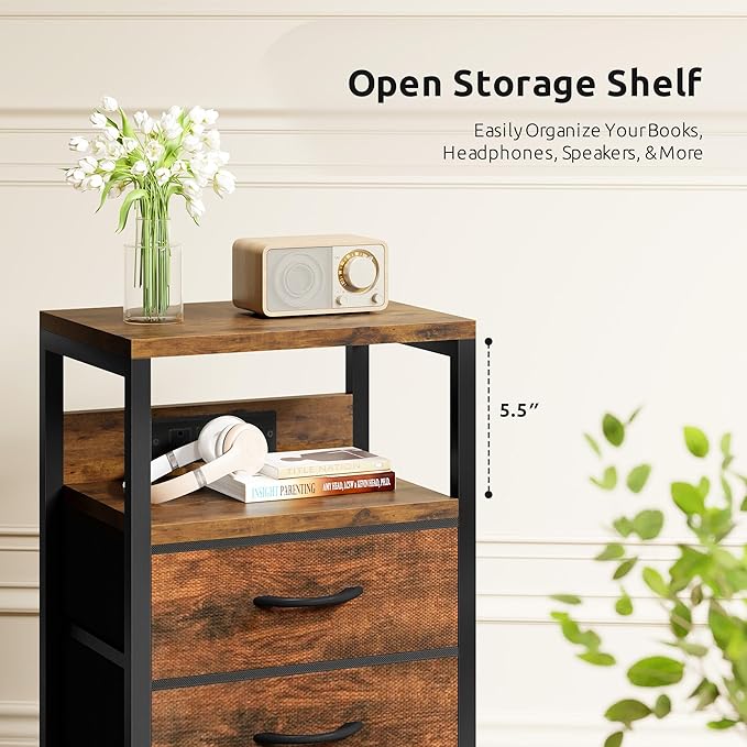 NightStand Bedside Charging Table Bedroom - Brown Night Stand with Charger Station, Modern Bed Side End Table with Open Shelf & 2 Fabric Drawers, USB-C USB Ports & AC Outlets for Dorm, Living Room