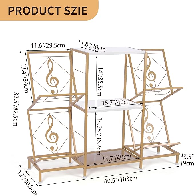 Record Player Stand with Vinyl Record Storage, Turntable Stand with 4-Tier Vinyl Display Shelf & Metal Frame, Record Holder for Living Room, Gold & White