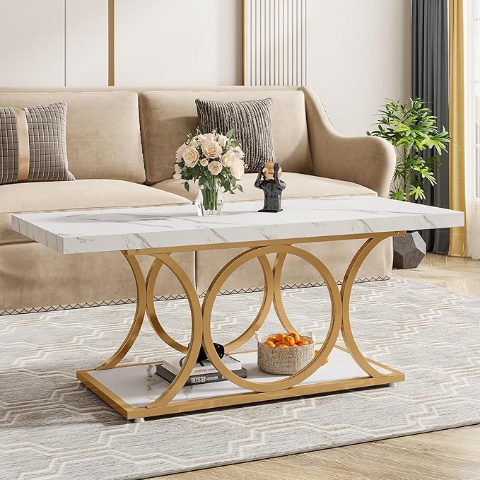 Tribesigns Rectangle Coffee Table, 46.45-inch Modern Coffee Tables for Living Room, 2-Tier Faux Marble Wood Coffee Table with Geometric Legs, Furniture with Storage Shelf (White & Gold)