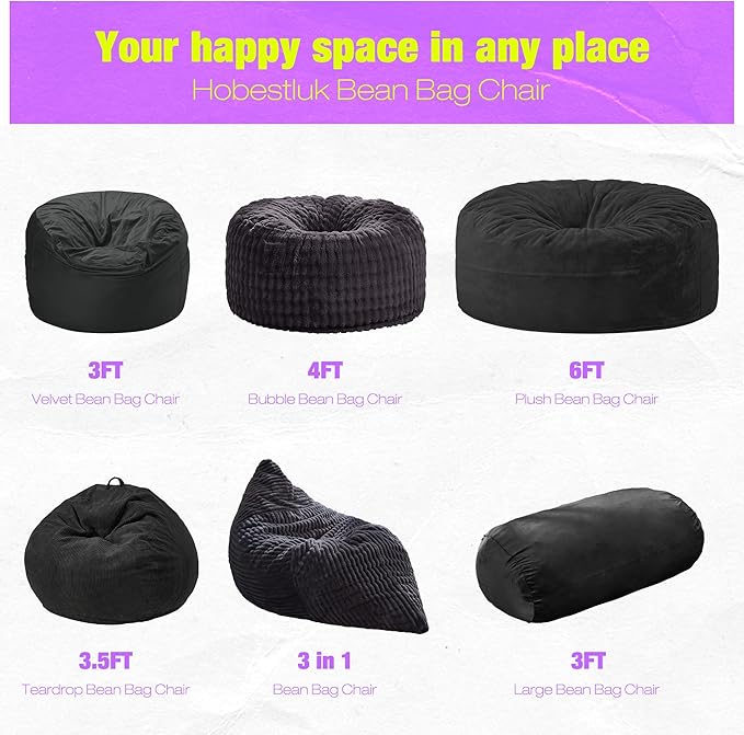 Hobestluk 3FT Bean Bag Chair Large Beanbag with Removable Cover Adult Bean Bag Chair with Portable Handle Desgin for Living Room Bedroom (Black, 3FT)