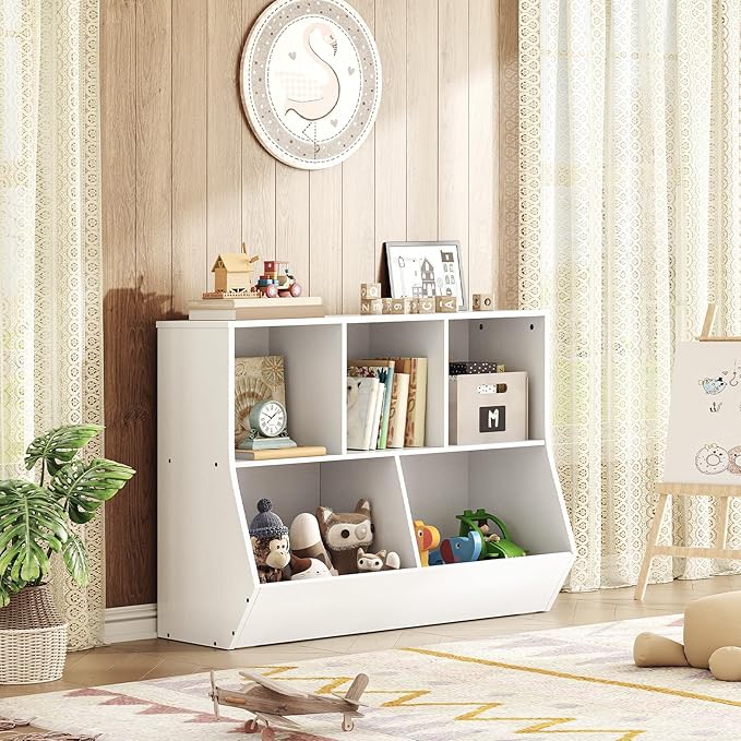 HOOBRO Kids Bookshelf, Bookcase Footboard, Toy Storage Cubby, Children's Toy Shelf, 35.4" L Storage Cabinet, Fit for Children's Room, Playroom, Hallway, Kindergarten, White WT32CW01