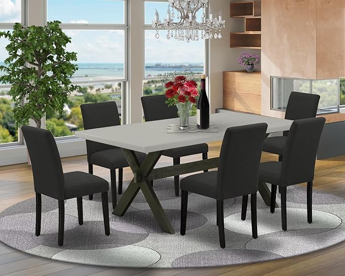East West Furniture X697AB624-7 7 Piece Modern Dining Table Set Consist of a Rectangle Wooden Table with X-Legs and 6 Black Color Linen Fabric Upholstered Chairs, 40x72 Inch, Multi-Color