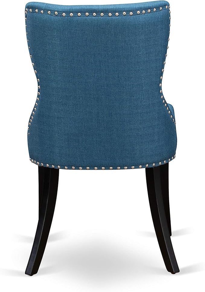 East West Furniture AMSI3-BCH-21 3 Piece Dinette Set for Small Spaces Contains a Round Kitchen Table with Pedestal and 2 Blue Linen Fabric Parson Dining Chairs, 36x36 Inch, Black & Cherry