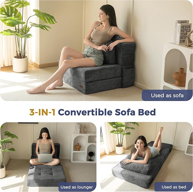 MAXYOYO Convertible Sofa Bed, Fold Out Single Sleeper Sofa with Pillow, 4 in 1 Tufted Folding Couch Bed Foam Floor Couch, Lazy Chair for Living Room Bedroom Guest Room, Dark Grey