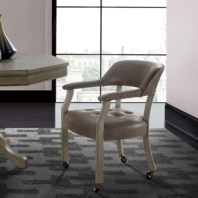 LEEMTORIG Large Dining Chairs with Casters and Arms, Rolling Dining Chairs with Wheels, Solid Wood Boss Caption's Chairs Office Chairs, 26"D x 25.2"W x 31.5"H, Soft Grey Legs & Dark Brown SY-1318-DK
