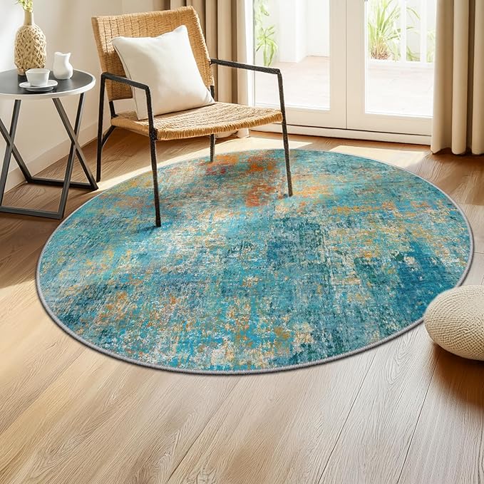 Washable Area Rugs 4ft Non-Slip Modern Abstract Soft for Living Room Entryway Bedroom Nursery, Print Pattern, Teal Blue Green Orange Rust Red Colorful