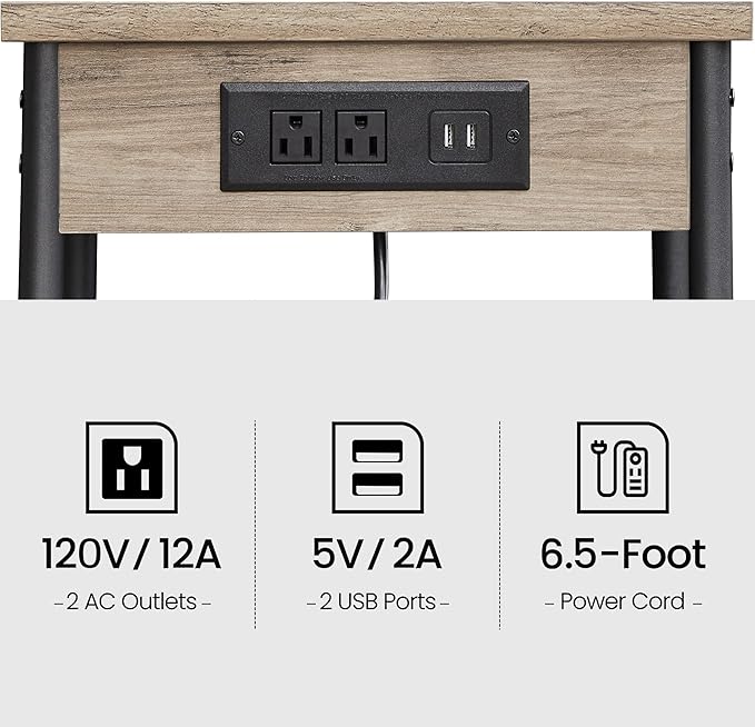 TUTOTAK End Table with Charging Station, Side Table with 2 USB Ports and 2 Outlets, 21.8”H 2-Tier Nightstand with Storage Shelf, Sofa Table TB01BG025 (1 pc)