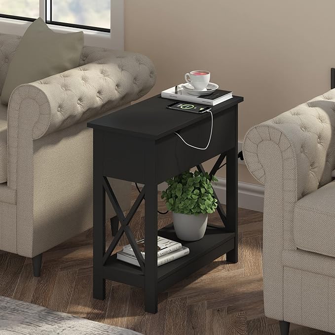 ChooChoo End Table with Charging Station, Narrow Flip Top Side Table with USB Ports & Power Outlets for Small Spaces, Bedside Table with Storage for Living Room, Bedroom, Black