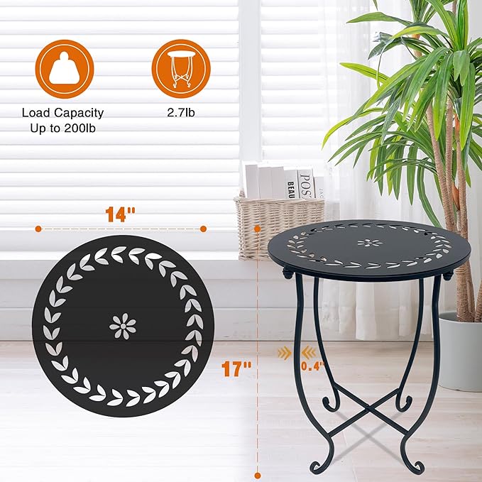 Round Side Table, 1 Pack 14 Inch Bedside Table for Living Room, Bedroom, Weather Resistant Black Metal Outdoor Side Table for Patio Balcony Yard Porch Garden, Plant Stand for Indoor Outdoor Use