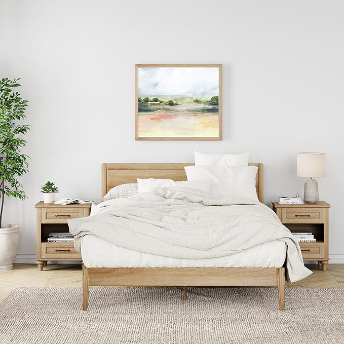 WAMPAT Set of 2 Oak Nightstands Side Tables with Charging Station, Farmhouse End Table with 2 Drawers & Shelf for Living Room, Light Wood Night Stand Bedside Table for Bedroom