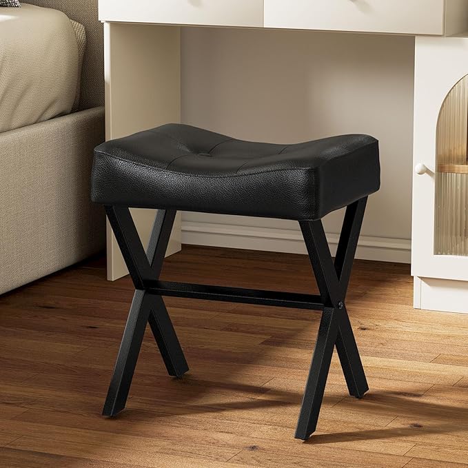 18-Inch Leather Vanity Stool Chair, Vanity Bench with Metal X-Leg, Ottoman Foot Stool with Thick Padded Saddle Seat, Black