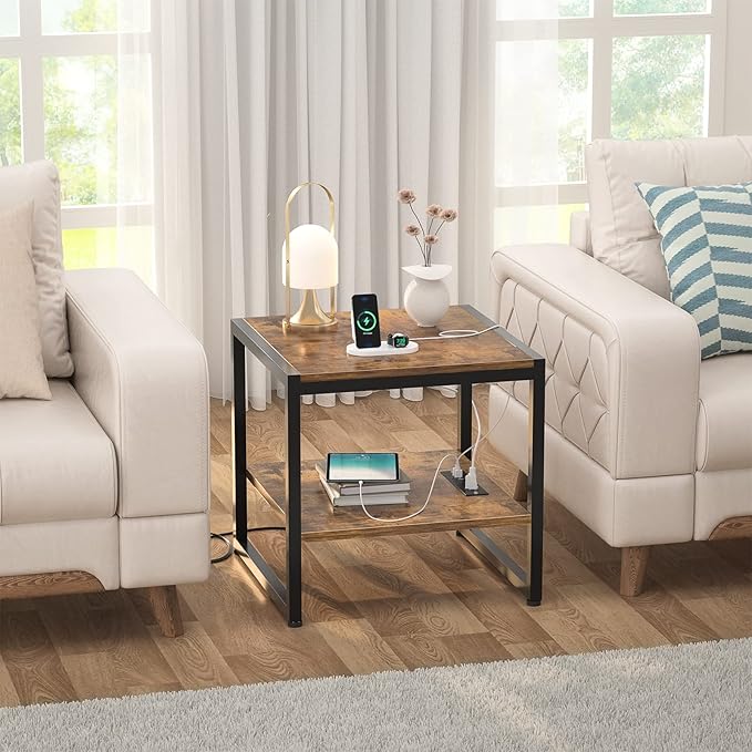Homieasy End Table with Charging Station, 20 Inch Mini Fridge Stand with 2-Tier Open Shelf, Square Bedside Nightstand & Sofa Side Table for Living Room, Dorm, Office,Rustic Brown
