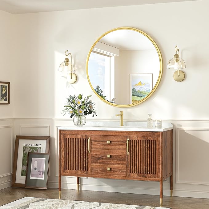 TokeShimi 30 in Round Framed Brushed Gold Mirror Bathroom Tempered, Shatterproof Mirror Circle 30x30 Farmhouse Aluminum Large Wall Mirrored for Vanity, Entryway, Bedroom, Restroom, Living Room