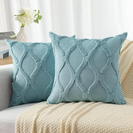 decorUhome Throw Pillow Covers 16x16 Inch Set of 2, Soft Plush Faux Fur Wool Aqua Couch Pillow Covers, Decorative Neutral Pillow Cases for Bed Sofa Living Room Home Decor