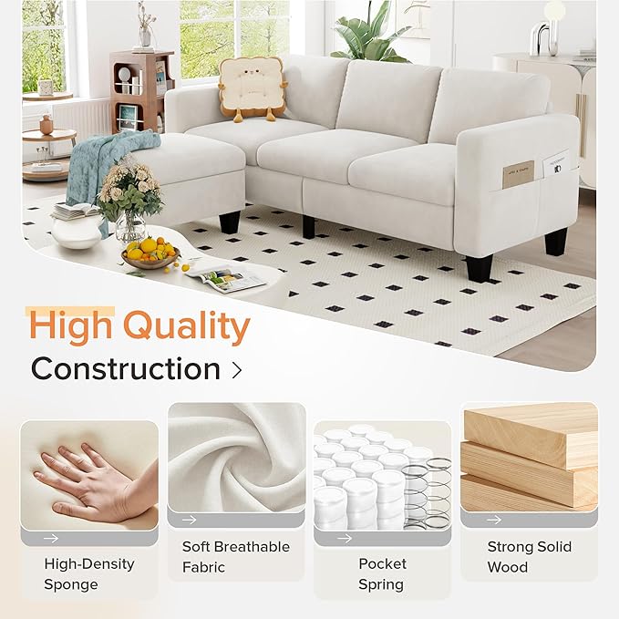 ZeeFu Convertible Sectional Sofa Couch, 3 Seat L-Shaped Sofa with Movable Ottoman, Modern Mocha Brown Velvet Linen Upholstered Small Sectional Sofa Couch for Small Space Apartment Living Room Office