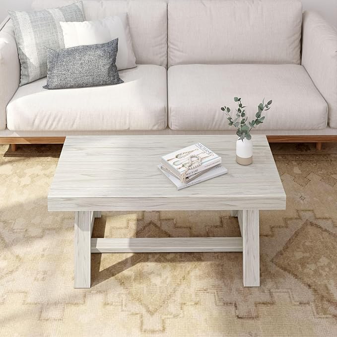 Plank+Beam Classic Rectangular Coffee Table, 40 Inch Farmhouse Coffee Table, Mini Center Tables for Small Spaces, Small Living Space Tea Table, White Sand Wirebrush