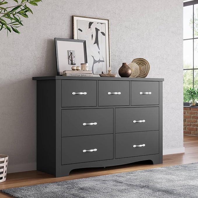 LINSY HOME 7 Drawers Dresser for Bedroom, 47" Wide Rustic Wood Dressers & Chests of Drawers, Modern Storage Dresser with Antique Handles for Closet, Living Room, Hallway, Black