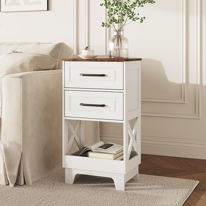 Tall Nightstand Set of 2 Side Table with 2 Drawers Modern Night Stand Wooden Rustic End Table Bedside Table with Below Open Shelf Solid Feet for Bedroom, Living Room, White+Walnut